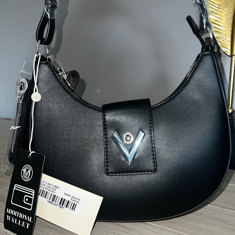Valentino Orlandi Black Leather Shoulder Bag with V Emblem
